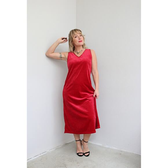 1990's Vintage Private Luxuries Holiday Red Velvet Slip Dress ~ Women's SM to MD - Picture 6 of 10